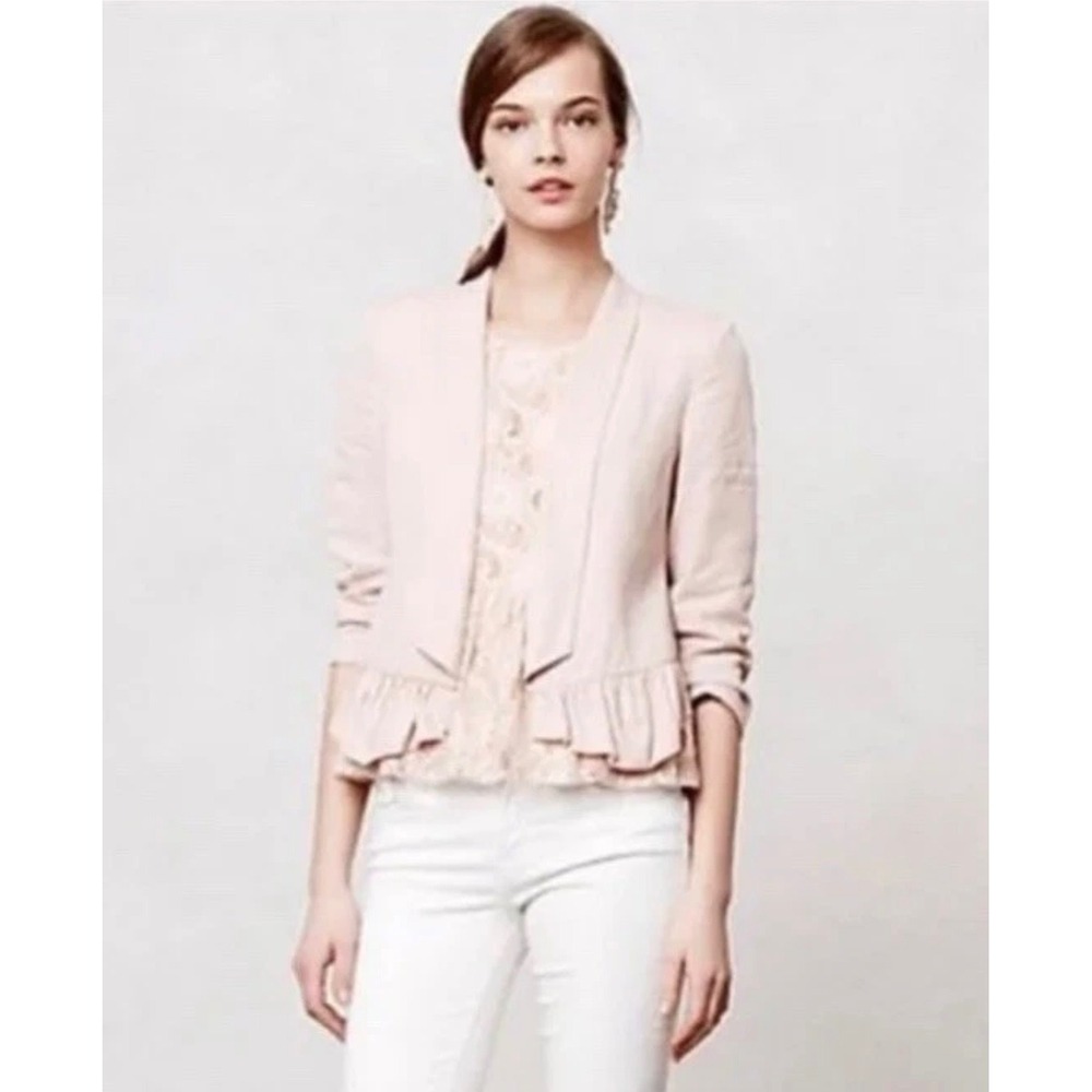 Cartonnier Ruffle Hem Blazer Womens Medium Open Front‎ Tencel Shrug Pink Modern